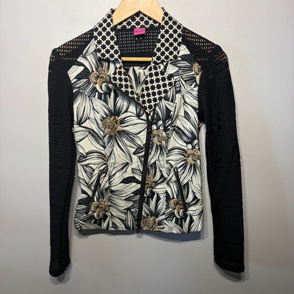 Save The Queen Jacket Artsy Art To Wear Mixed Media Floral Asymmetrical Zip XS